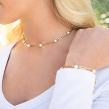Load image into Gallery viewer, 18K Gold PVD Steel Station Pearl Paperclip Chain Bracelet: Gold