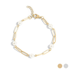 Load image into Gallery viewer, 18K Gold PVD Steel Station Pearl Paperclip Chain Bracelet: Gold