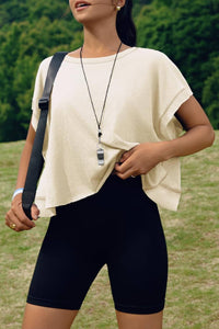 Slouchy wrapped cutout back short sleeve workout tee top: Beige / S
