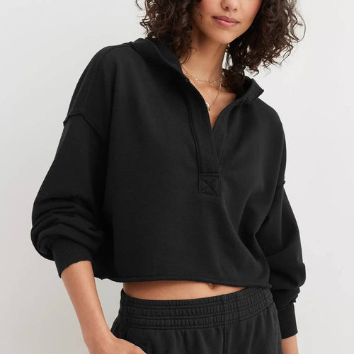Black Balloon Sleeves Lines Trendy Hoodie Sweatshirt: Black / M