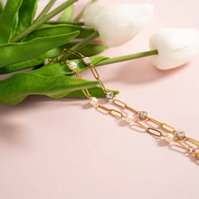 Load image into Gallery viewer, 18K Gold PVD Steel Station Pearl Paperclip Chain Bracelet: Gold