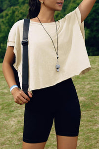 Slouchy wrapped cutout back short sleeve workout tee top: Beige / S