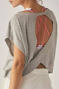 Slouchy wrapped cutout back short sleeve workout tee top: Beige / S