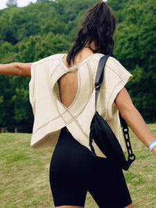 Slouchy wrapped cutout back short sleeve workout tee top: Beige / S