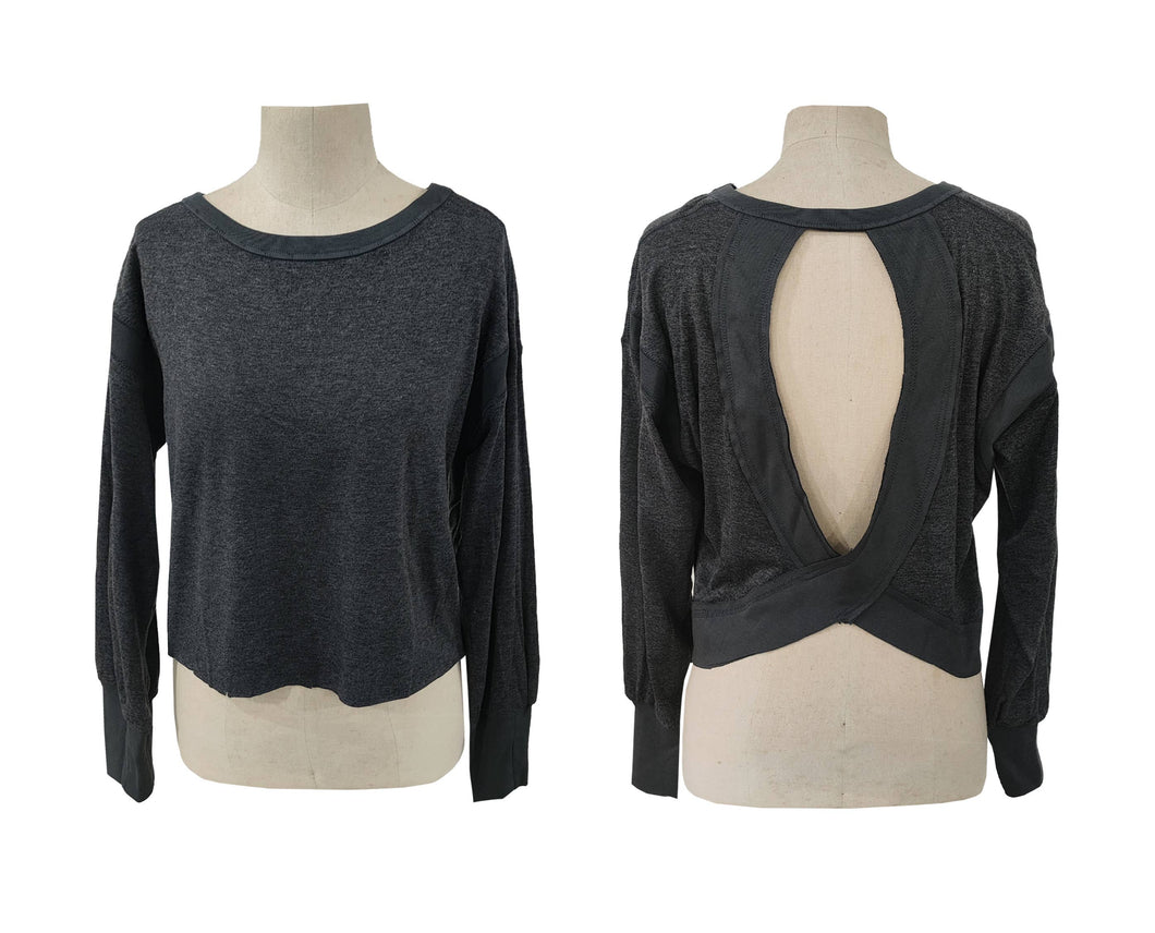 Slouchy wrapped cutout back workout long sleeve Tee: Charcoal / L
