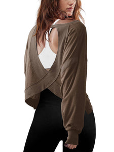 Slouchy wrapped cutout back workout long sleeve Tee: Charcoal / L
