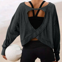 Load image into Gallery viewer, Slouchy wrapped cutout back workout long sleeve Tee: Charcoal / L