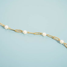 Load image into Gallery viewer, 18K Gold PVD Steel Station Pearl Paperclip Chain Bracelet: Gold