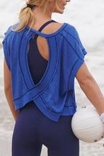 Load image into Gallery viewer, Slouchy wrapped cutout back workout short sleeve Tee: Royal / S