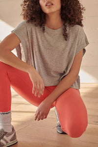 Slouchy wrapped cutout back short sleeve workout tee top: Beige / S