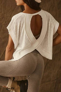 Slouchy wrapped cutout back workout short sleeve Tee: White / S