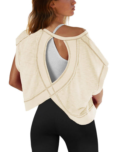 Slouchy wrapped cutout back short sleeve workout tee top: Beige / S