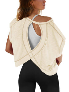 Slouchy wrapped cutout back short sleeve workout tee top: Beige / S
