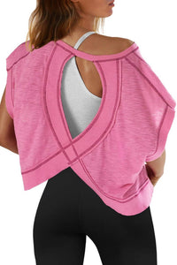 Slouchy wrapped cutout back short sleeve workout tee top: Beige / S