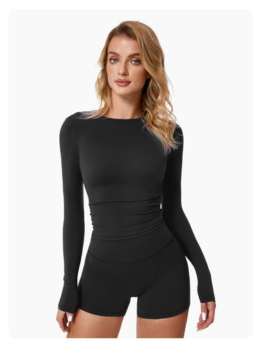 Abigail Buttery Soft Crew Neck Long Sleeve Active Top: Black / S